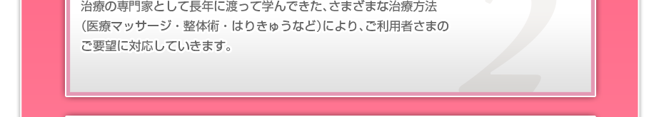 治療の専門家として長年に渡って学んできた、さまざまな治療方法（医療マッサージ・整体術・はりきゅうなど）により、ご利用者さまのご要望に対応していきます。